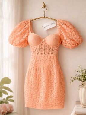 Saints + Secrets Lace Corset Mini Dress Puff Sleeve Peach XS